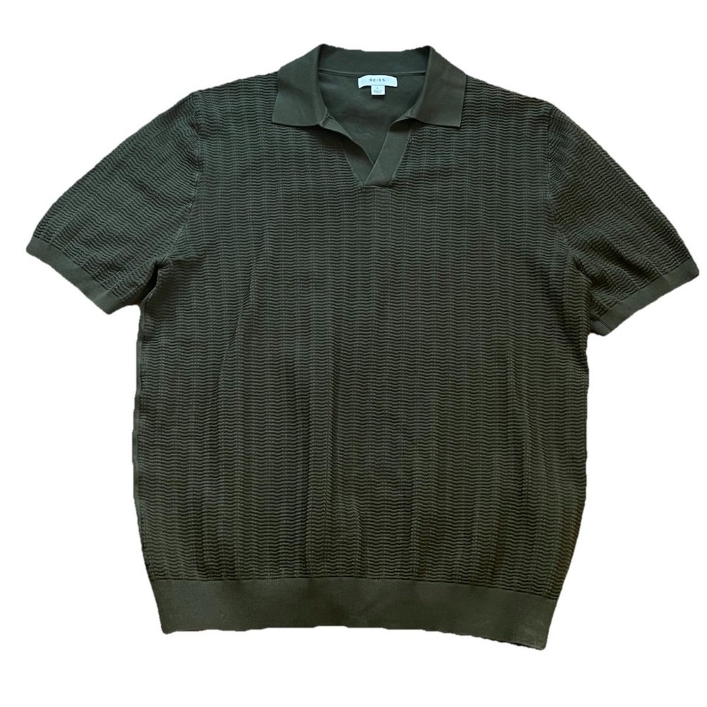 Reiss Mickey Textured Polo Knit Shirt Olive Green Size Medium